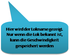 Toelichting met afgeronde rechthoek: Hier wird der Lokname gezeigt. Nur wenn die Lok bekannt ist, kann die Geschwindigkeit gespeichert werden